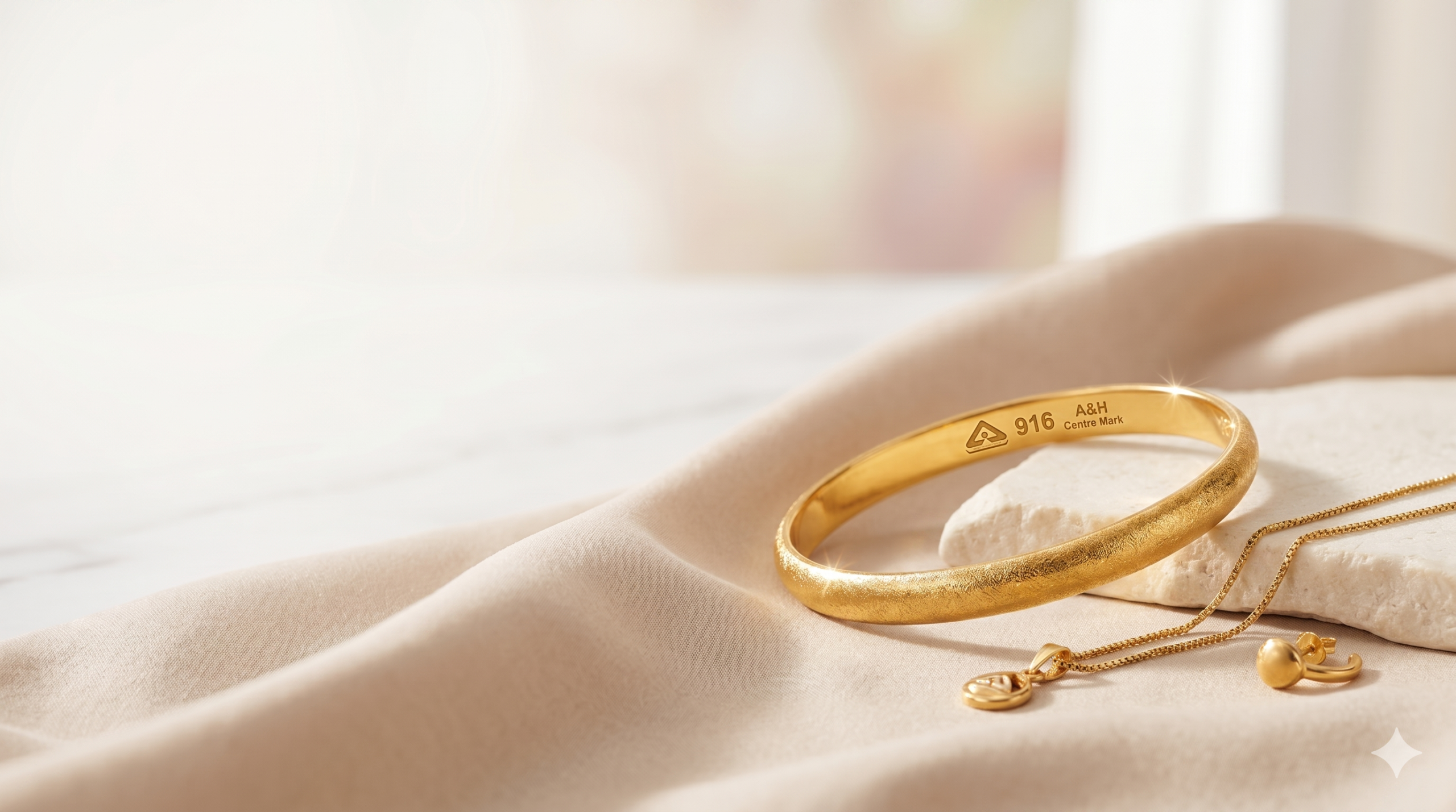 Engraved matte gold bangle and necklace on silk, with '916' hallmarking visible.